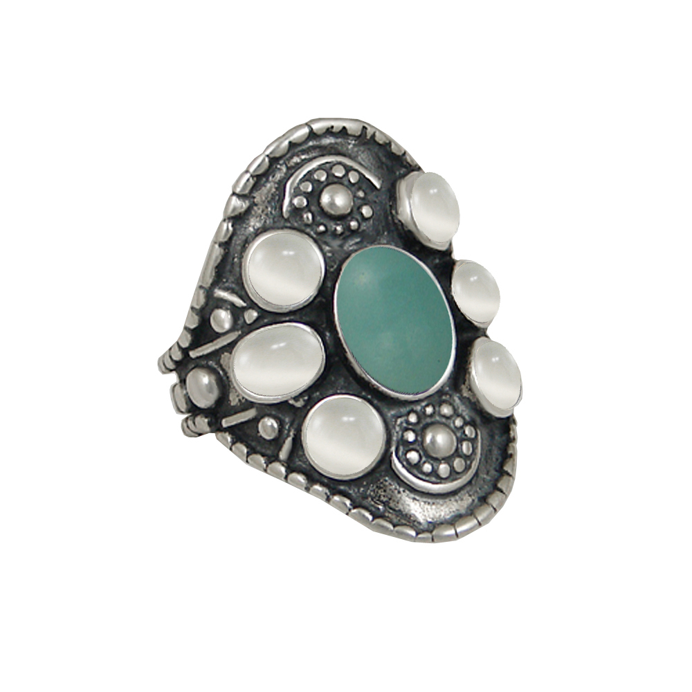 Sterling Silver High Queen's Ring With Aventurine And White Moonstone Size 10